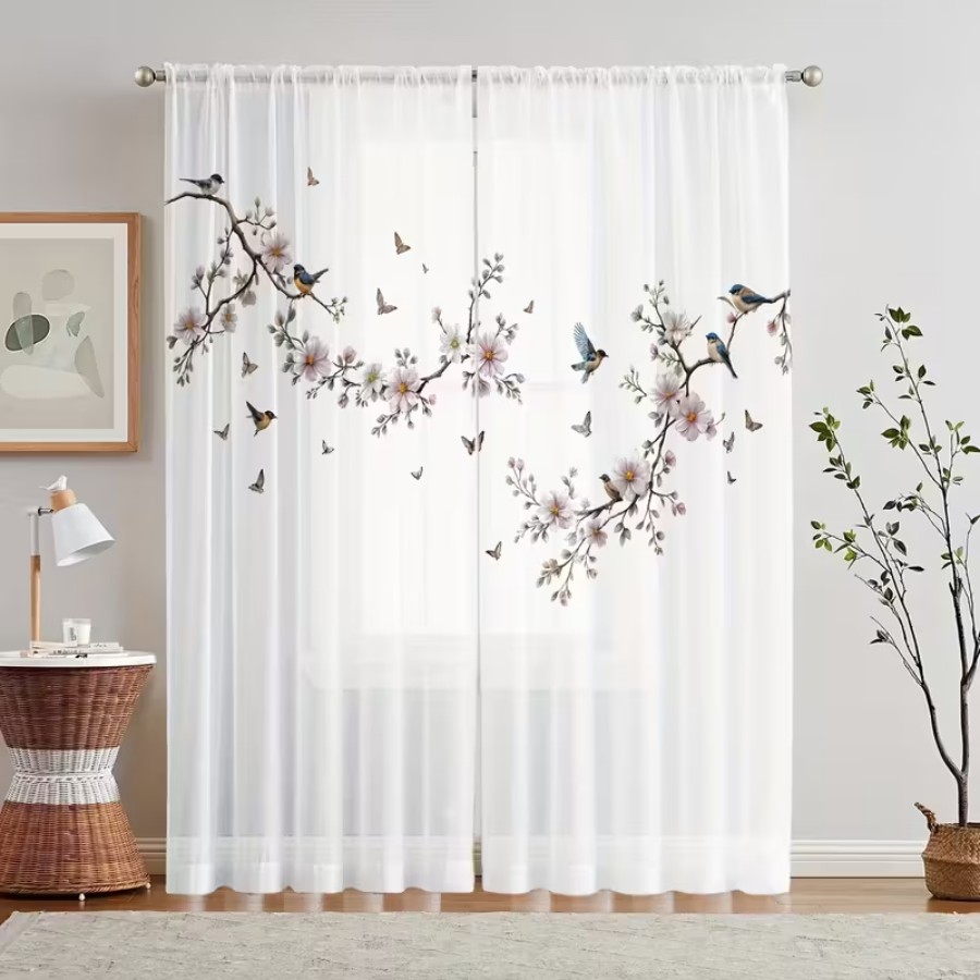 Bonsai Garden Decor - 2PCS Cortina Transparente com Estampa Digital,